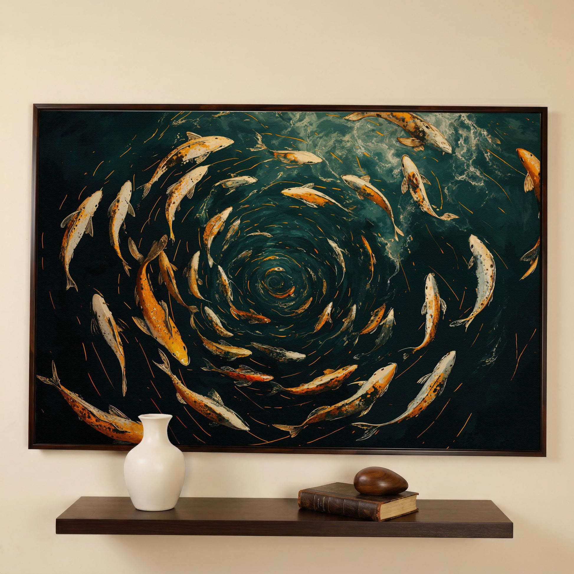 Swirling Koi Fish Canvas Art, Japanese-Style Circular Pattern in dark walnut floating frame