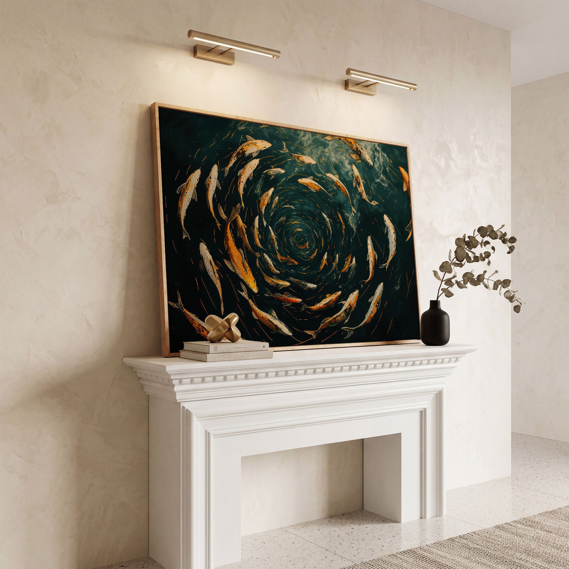 Swirling Koi Fish Canvas Art, Japanese-Style Circular Pattern in white oak floating frame