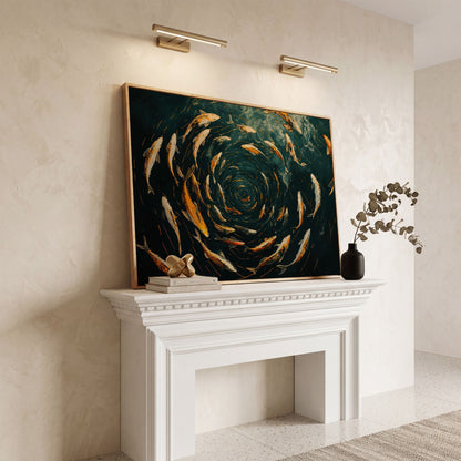 Swirling Koi Fish Canvas Art, Japanese-Style Circular Pattern in white oak floating frame