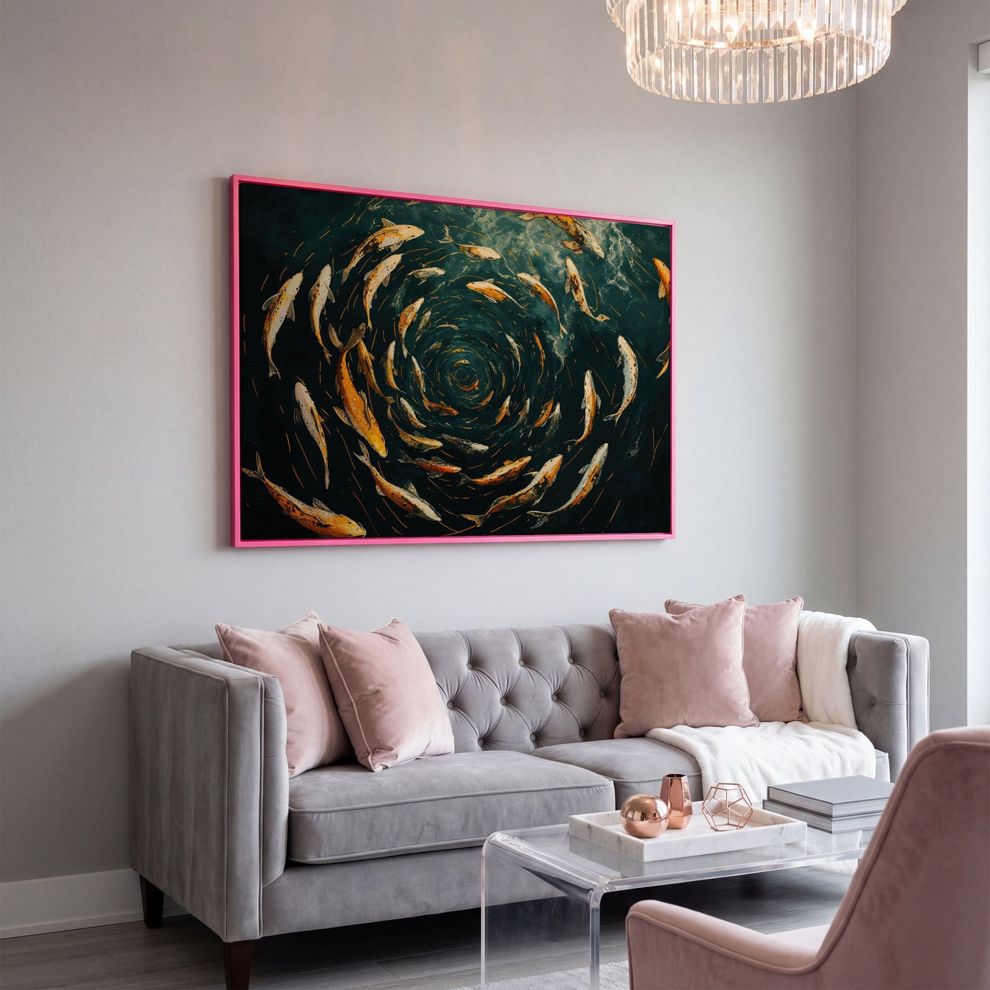 Swirling Koi Fish Canvas Art, Japanese-Style Circular Pattern in pink floating frame