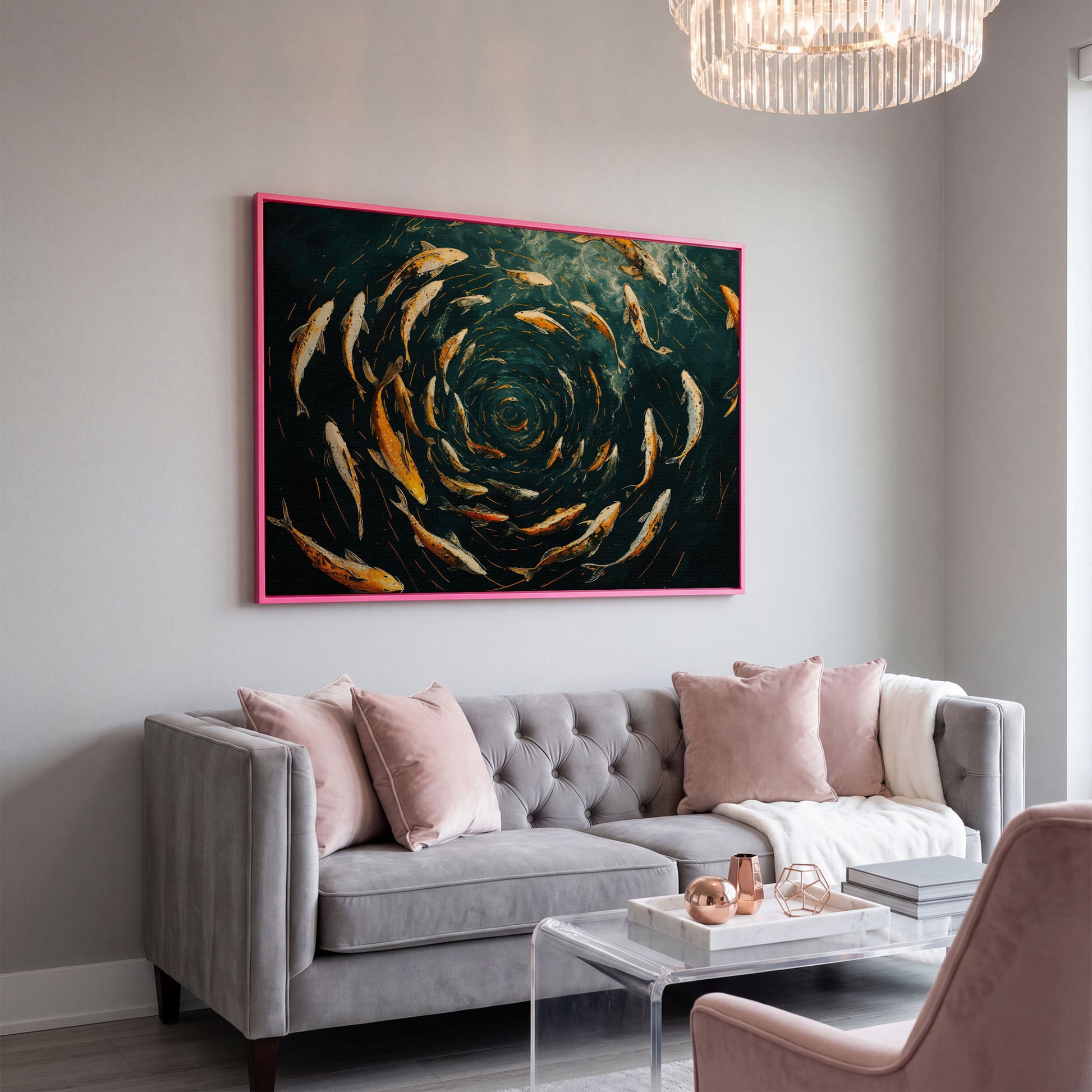 Swirling Koi Fish Canvas Art, Japanese-Style Circular Pattern in pink floating frame