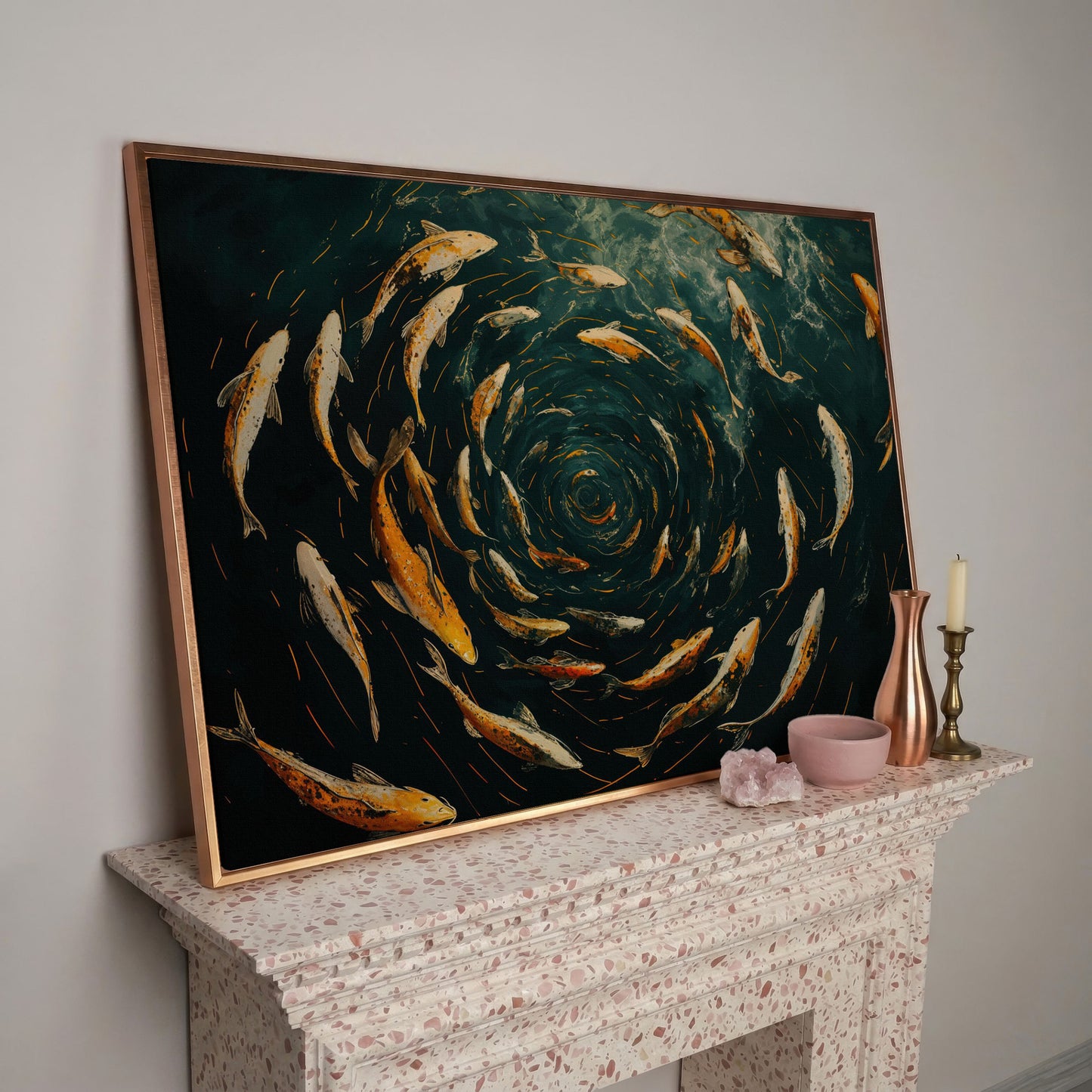 Swirling Koi Fish Canvas Art, Japanese-Style Circular Pattern in rose gold floating frame