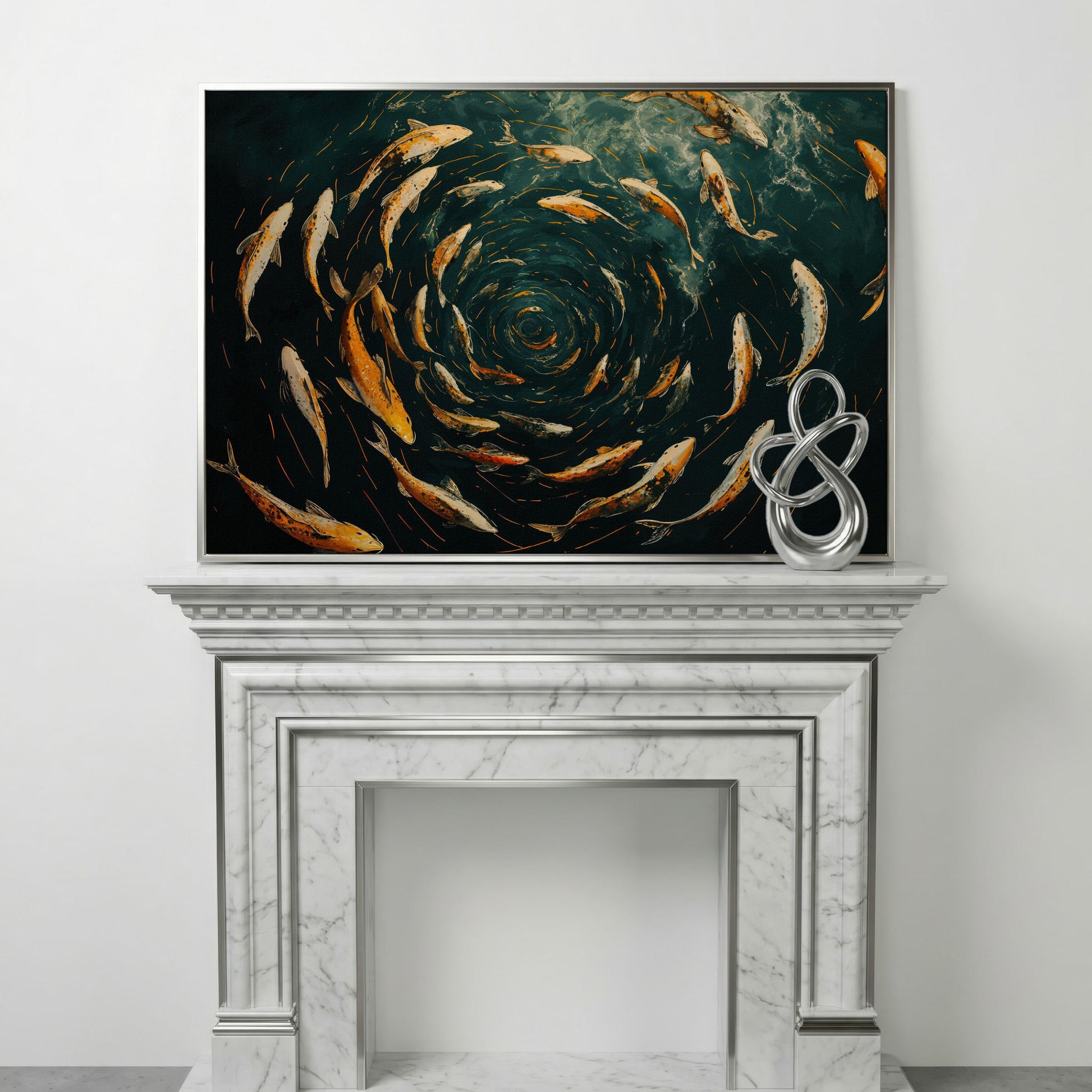 Swirling Koi Fish Canvas Art, Japanese-Style Circular Pattern in silver floating frame