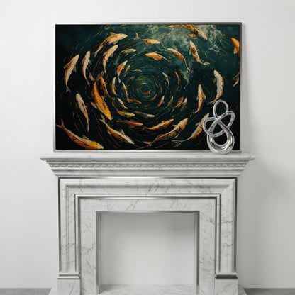 Swirling Koi Fish Canvas Art, Japanese-Style Circular Pattern in silver floating frame