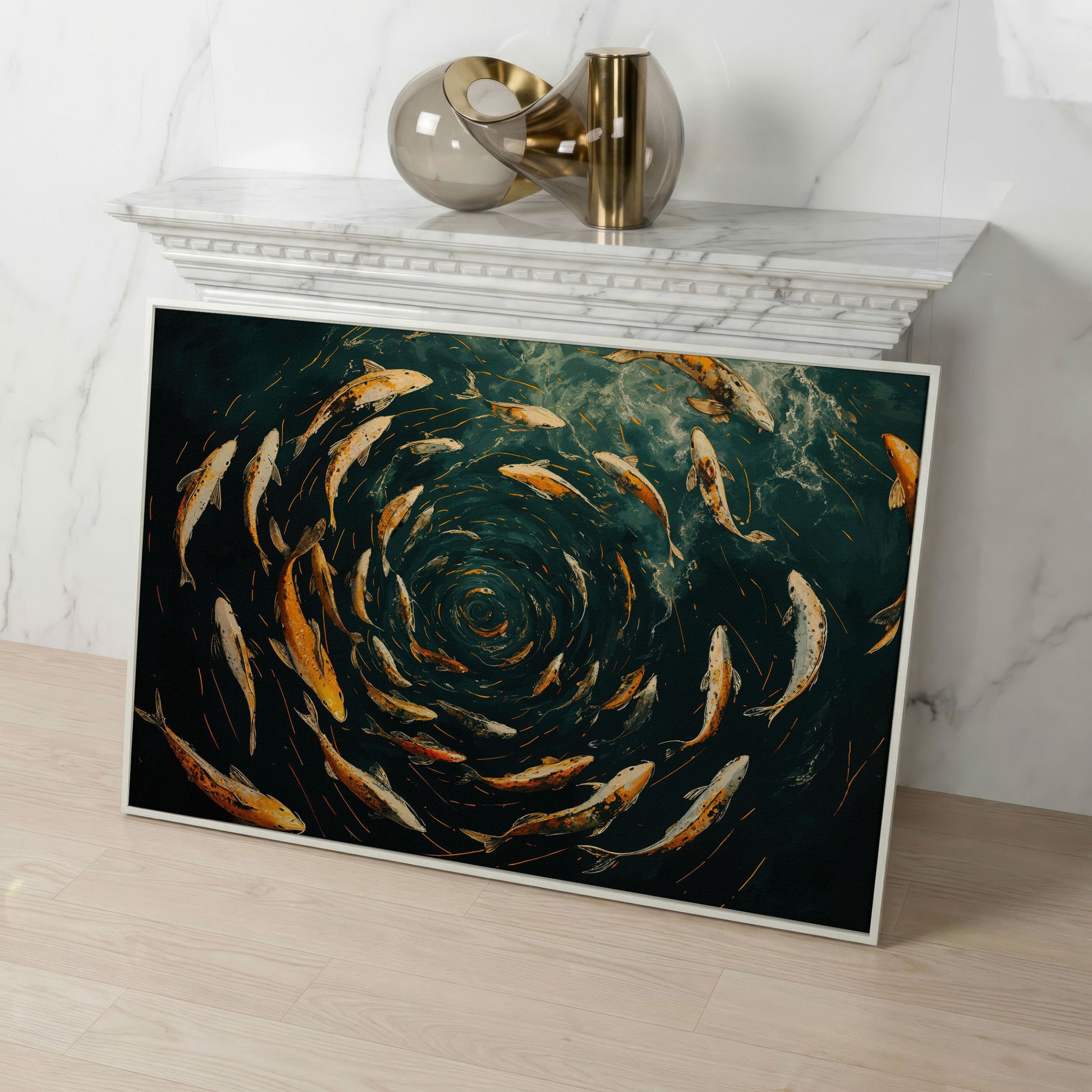 Swirling Koi Fish Canvas Art, Japanese-Style Circular Pattern in white floating frame