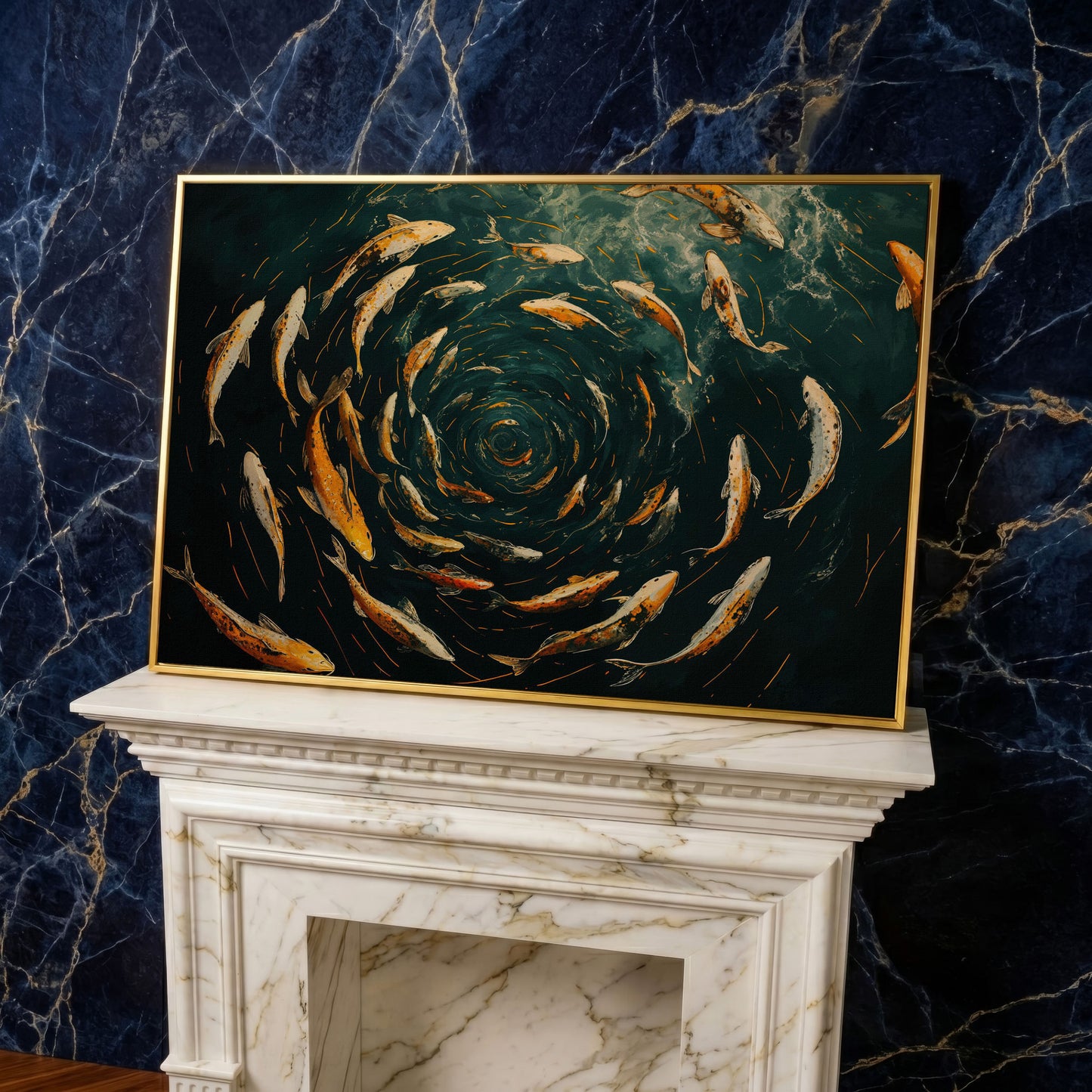 Swirling Koi Fish Canvas Art, Japanese-Style Circular Pattern in yellow gold floating frame