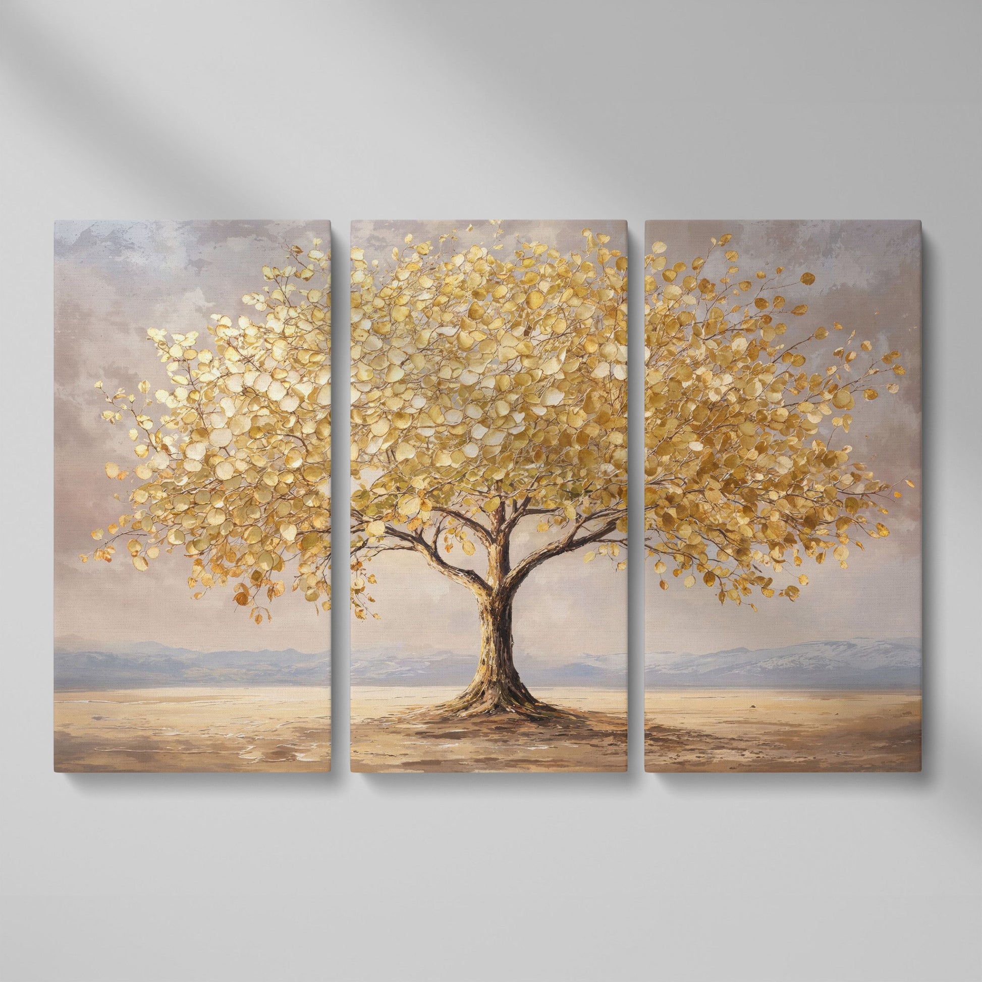 Golden Leaf Tree Canvas Print, Modern Landscape as 3-panel split version