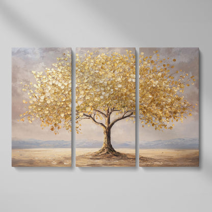 Golden Leaf Tree Canvas Print, Modern Landscape as 3-panel split version