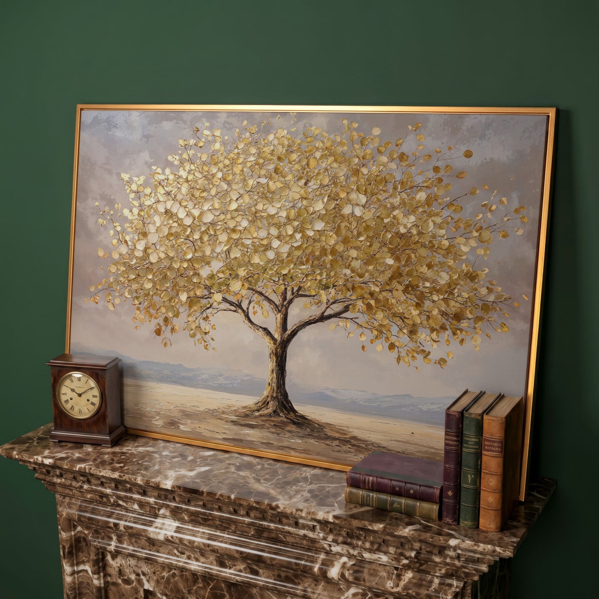 Golden Leaf Tree Canvas Print, Modern Landscape in antique gold floating frame