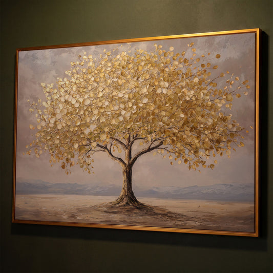 Golden Leaf Tree Canvas Print, Modern Landscape shown in antique gold floating frame