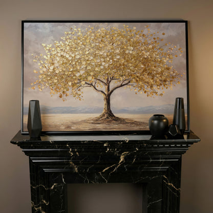 Golden Leaf Tree Canvas Print, Modern Landscape in black floating frame