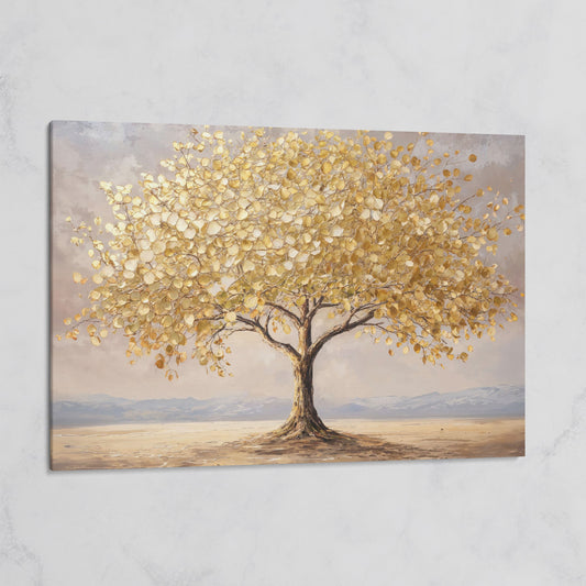 Golden Leaf Tree Canvas Print, Modern Landscape on gallery wrap