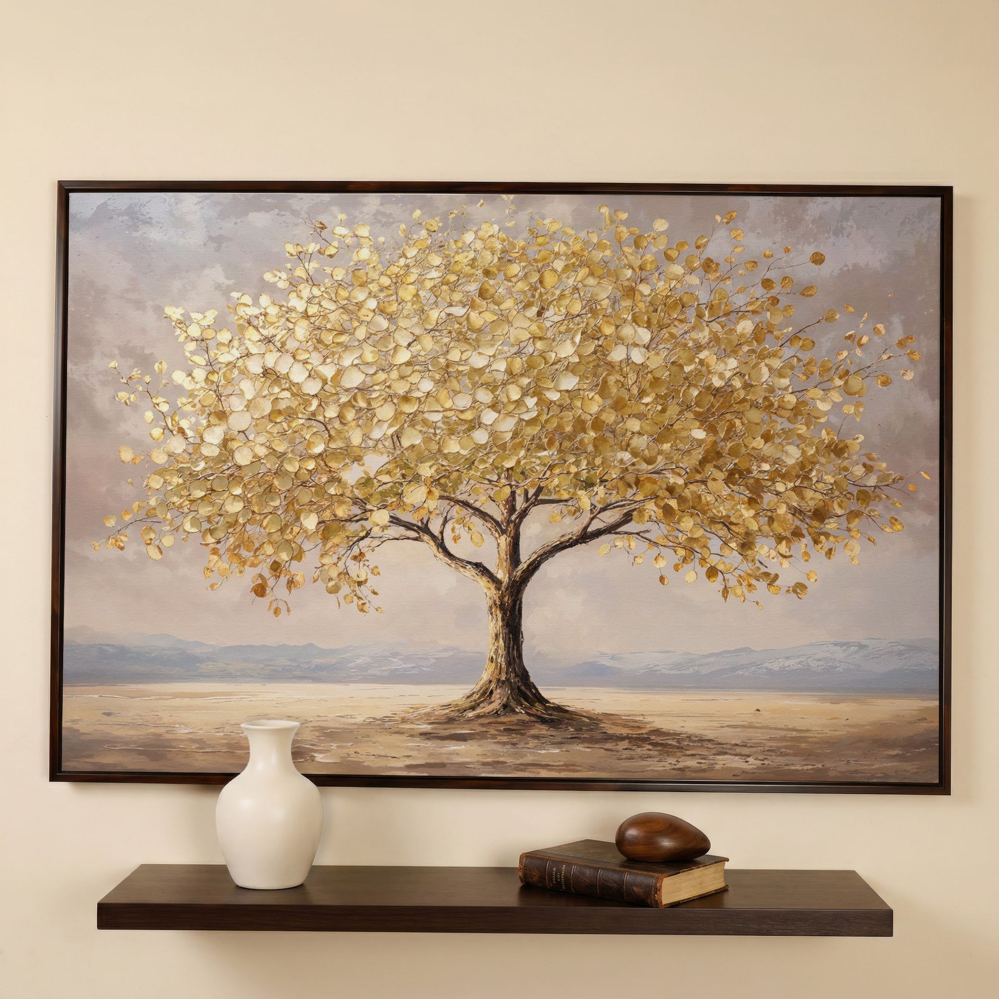 Golden Leaf Tree Canvas Print, Modern Landscape in dark walnut floating frame