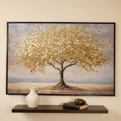 Golden Leaf Tree Canvas Print, Modern Landscape in dark walnut floating frame