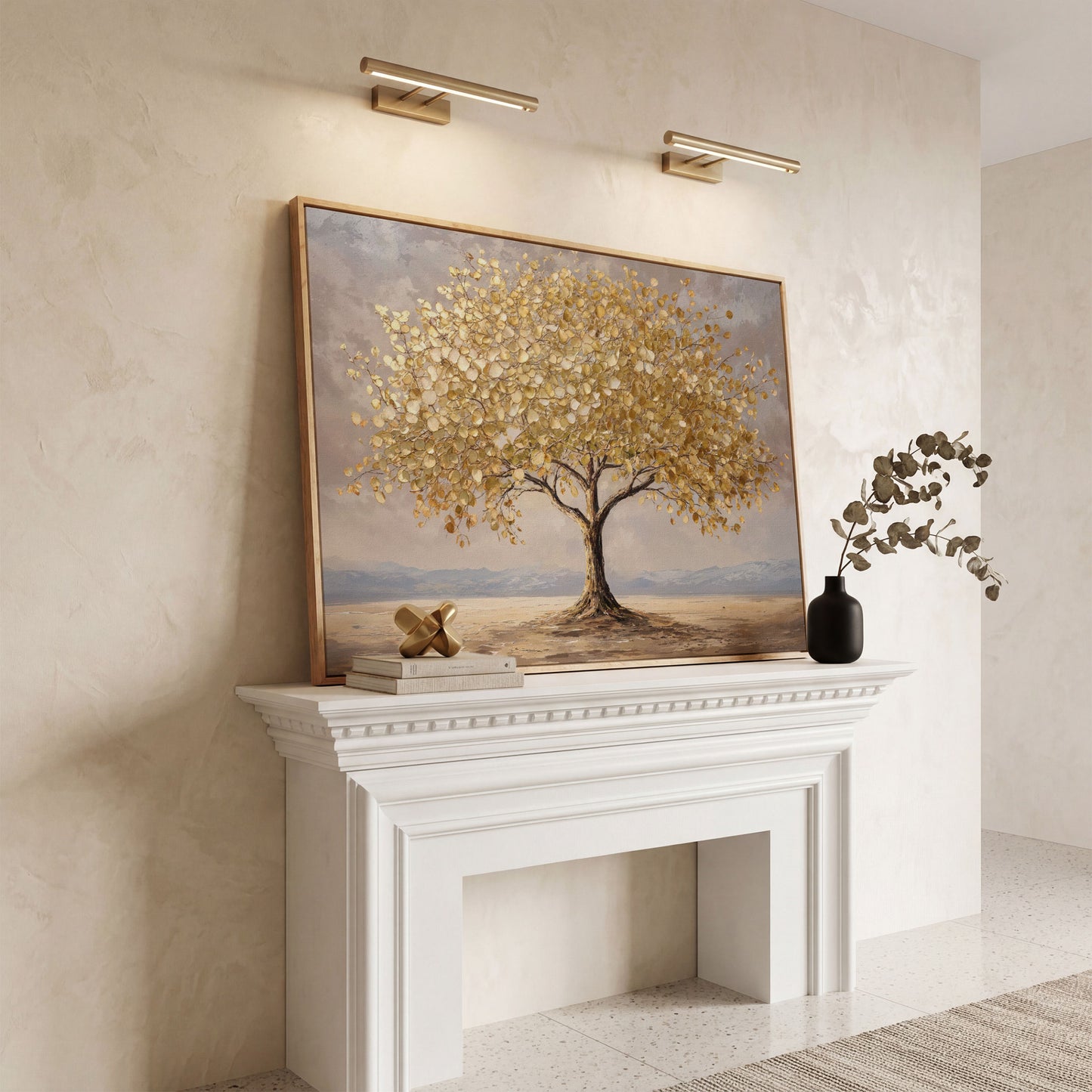 Golden Leaf Tree Canvas Print, Modern Landscape in white oak floating frame