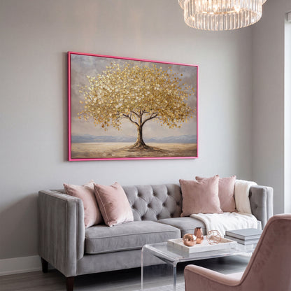 Golden Leaf Tree Canvas Print, Modern Landscape in pink floating frame