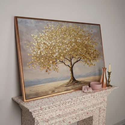 Golden Leaf Tree Canvas Print, Modern Landscape in rose gold floating frame