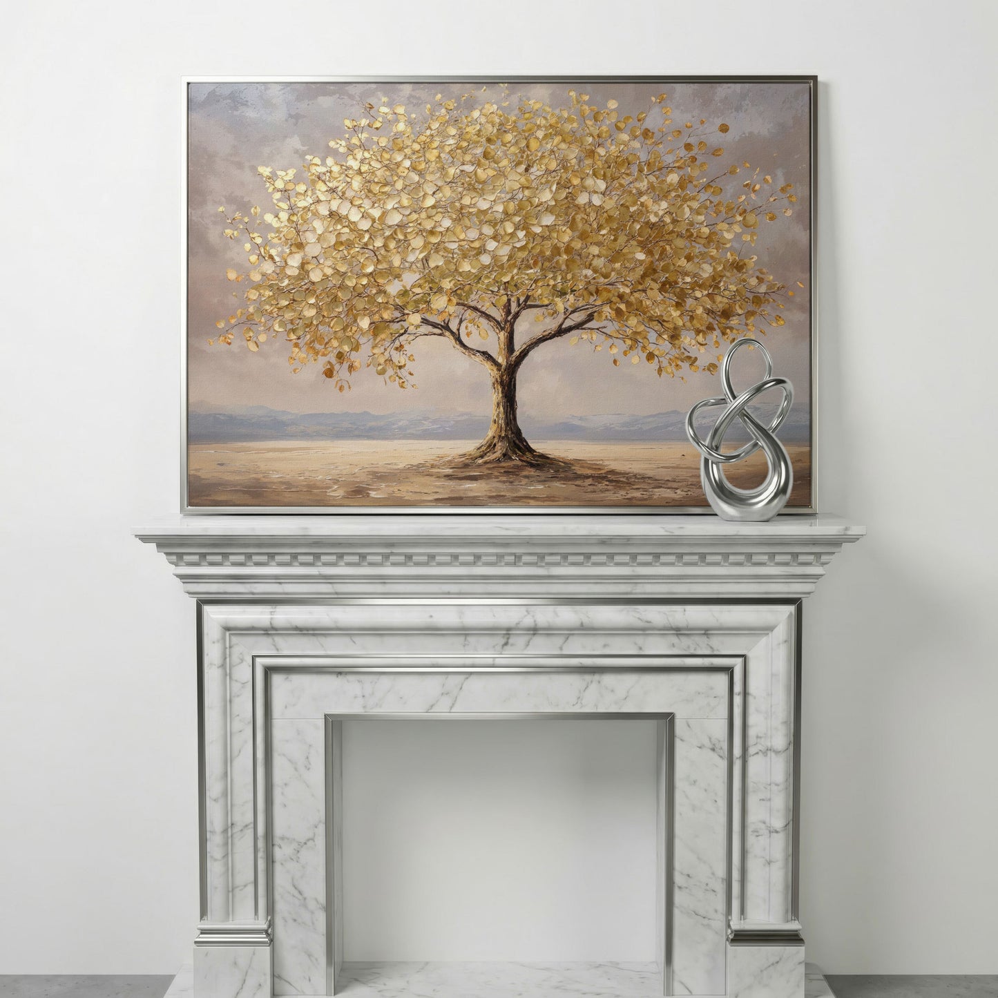 Golden Leaf Tree Canvas Print, Modern Landscape in silver floating frame