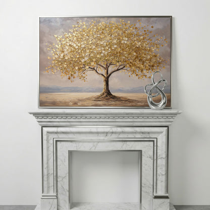 Golden Leaf Tree Canvas Print, Modern Landscape in silver floating frame