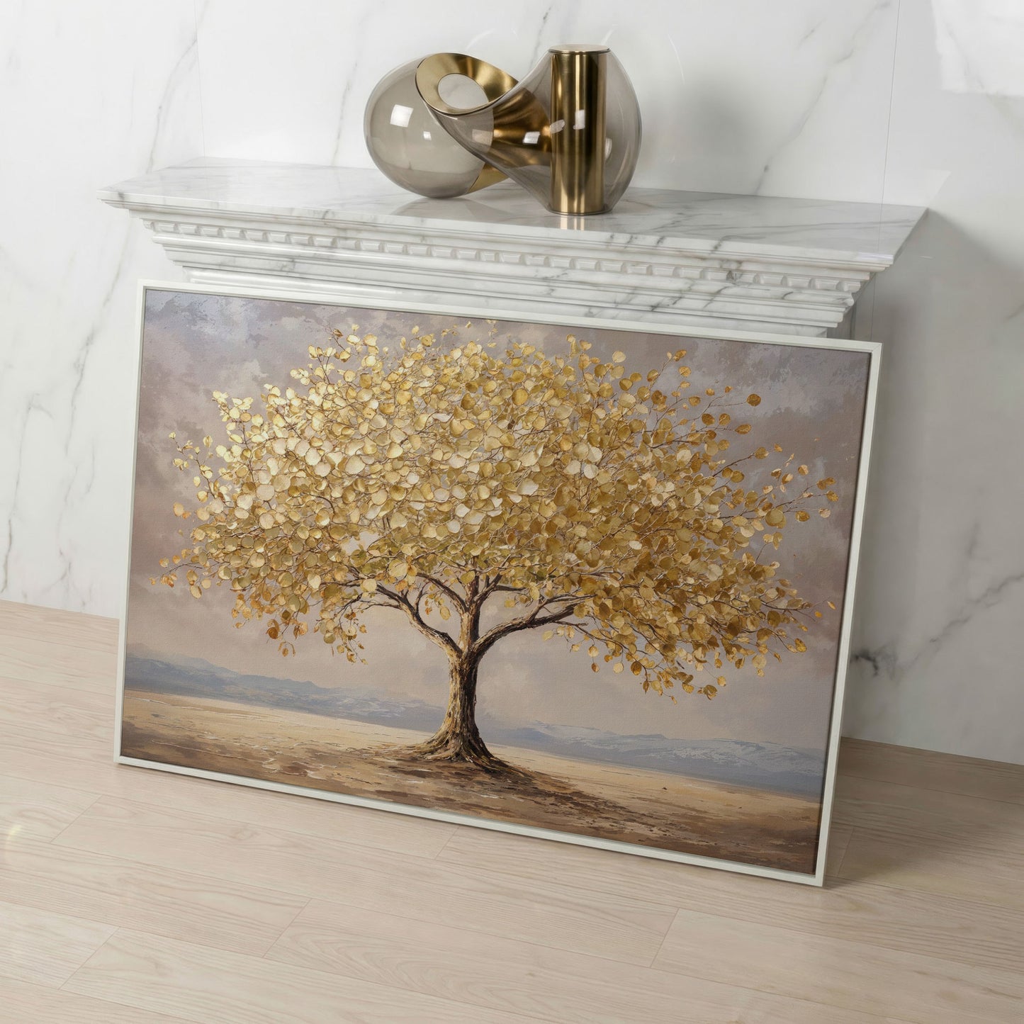 Golden Leaf Tree Canvas Print, Modern Landscape in white floating frame
