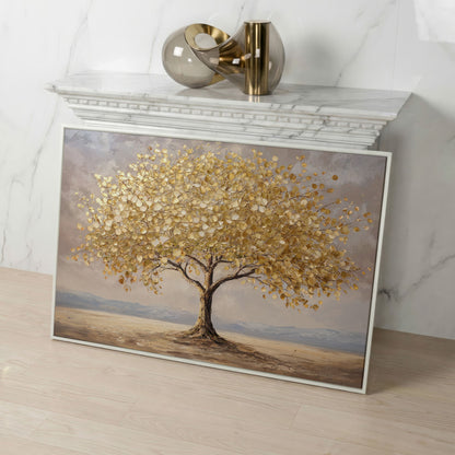 Golden Leaf Tree Canvas Print, Modern Landscape in white floating frame