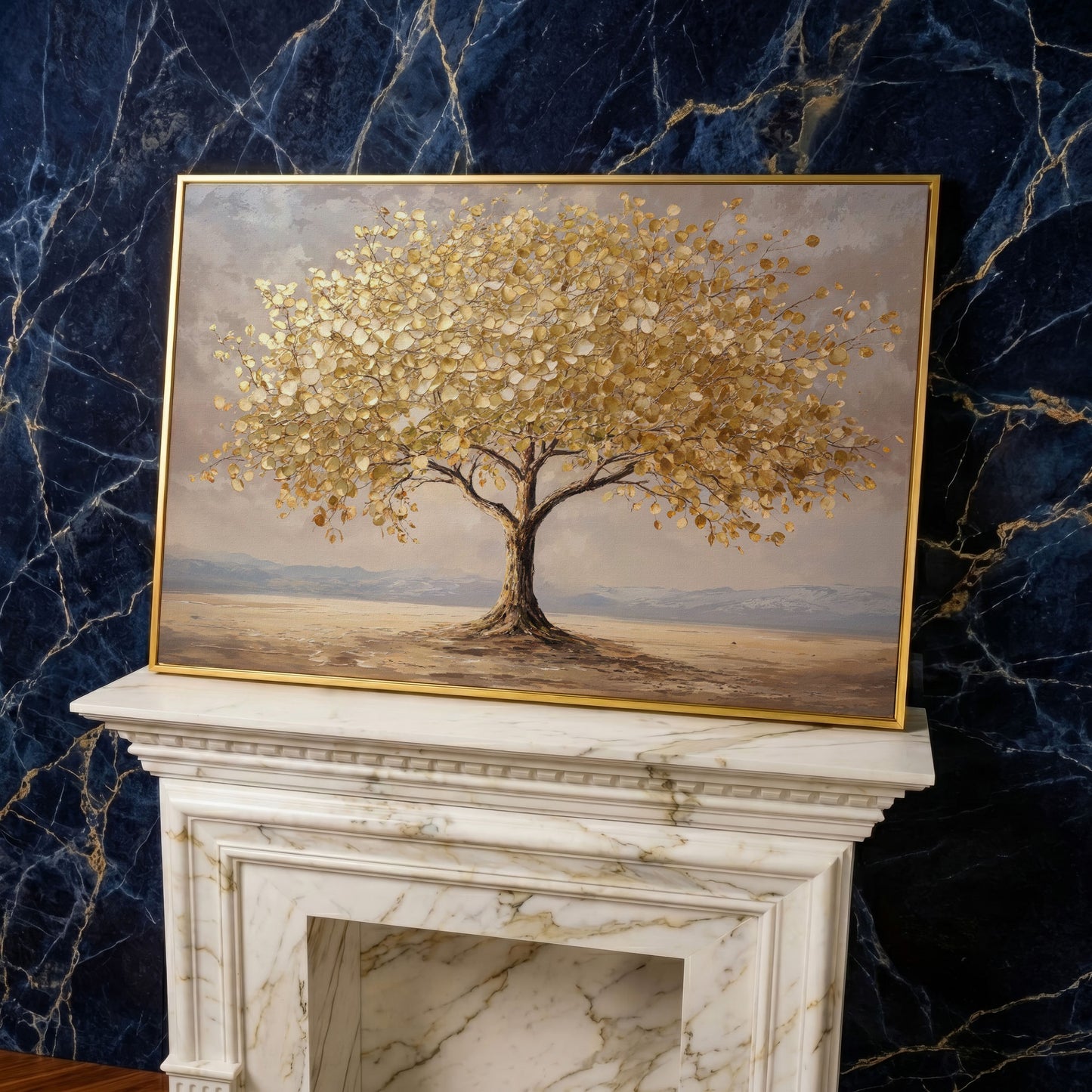 Golden Leaf Tree Canvas Print, Modern Landscape in yellow gold floating frame