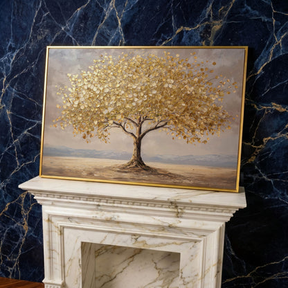 Golden Leaf Tree Canvas Print, Modern Landscape in yellow gold floating frame