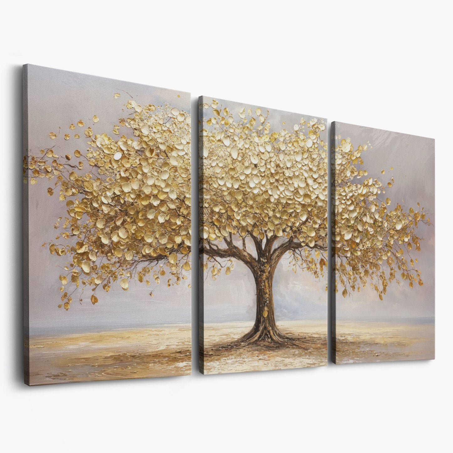 Golden Leaves Tree Canvas as 3-panel split version