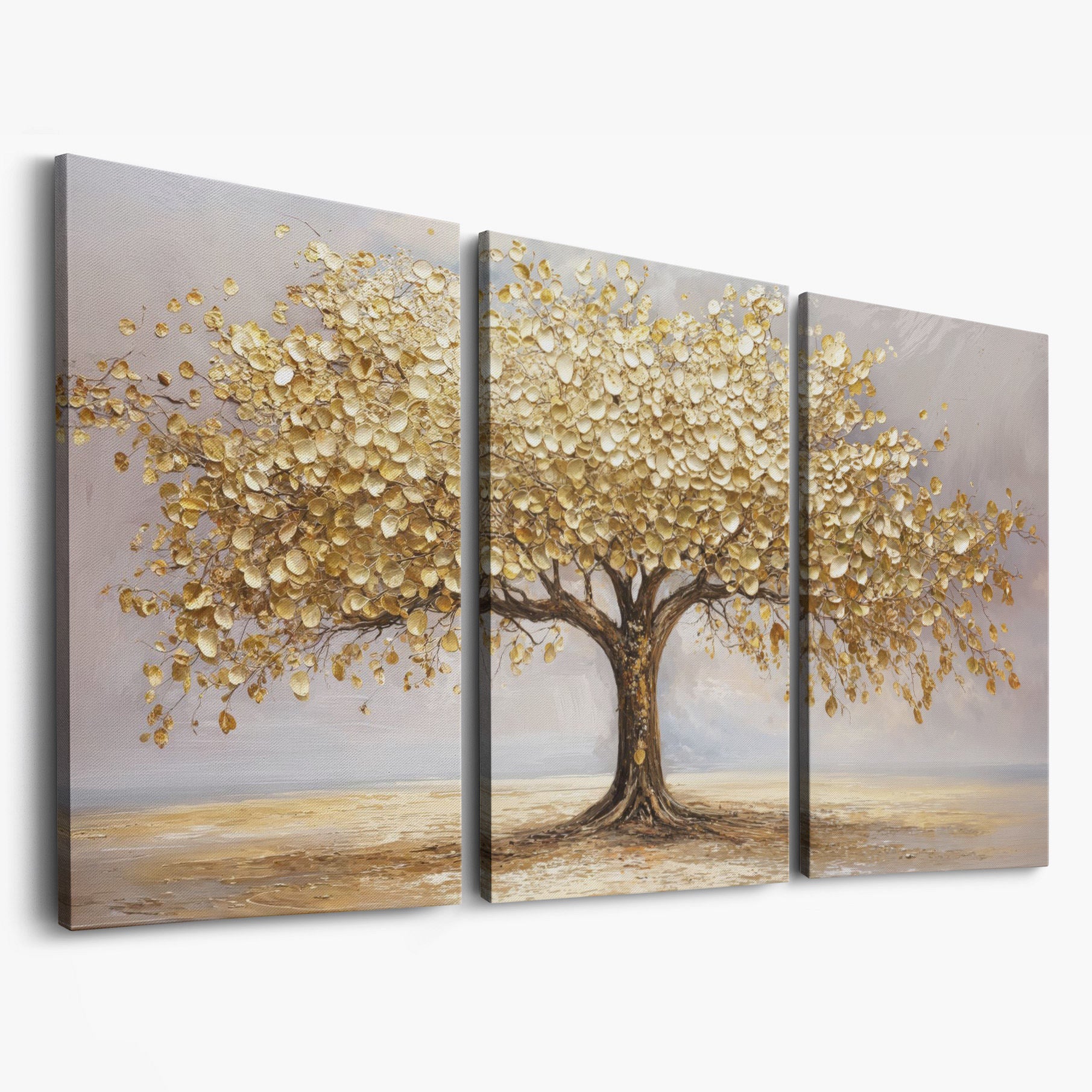 Golden Leaves Tree Canvas as 3-panel split version