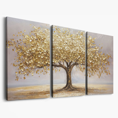 Golden Leaves Tree Canvas as 3-panel split version