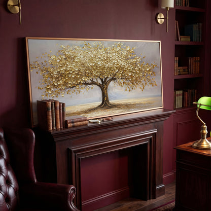 Golden Leaves Tree Canvas in antique gold floating frame