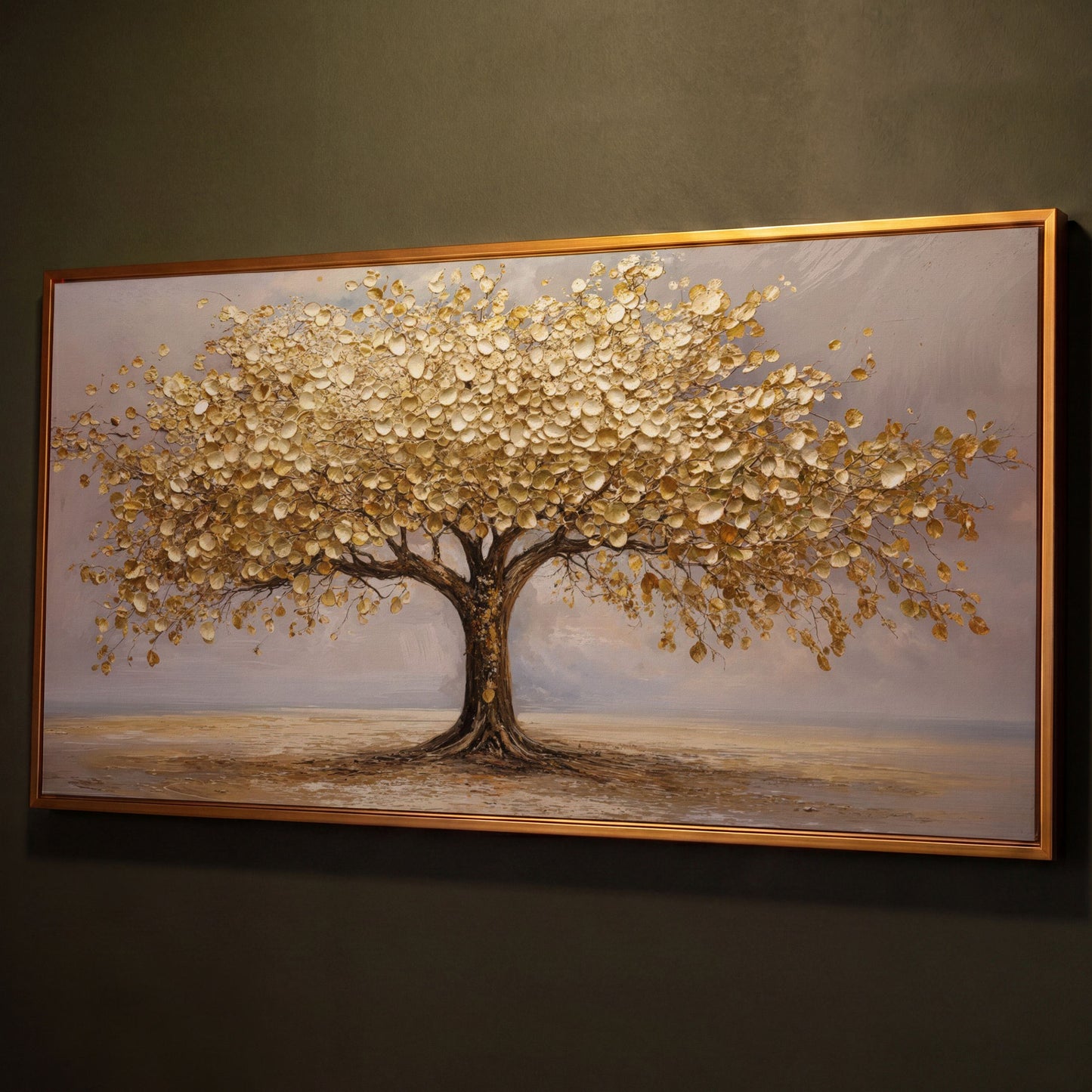 Golden Leaves Tree Canvas shown in antique gold floating frame
