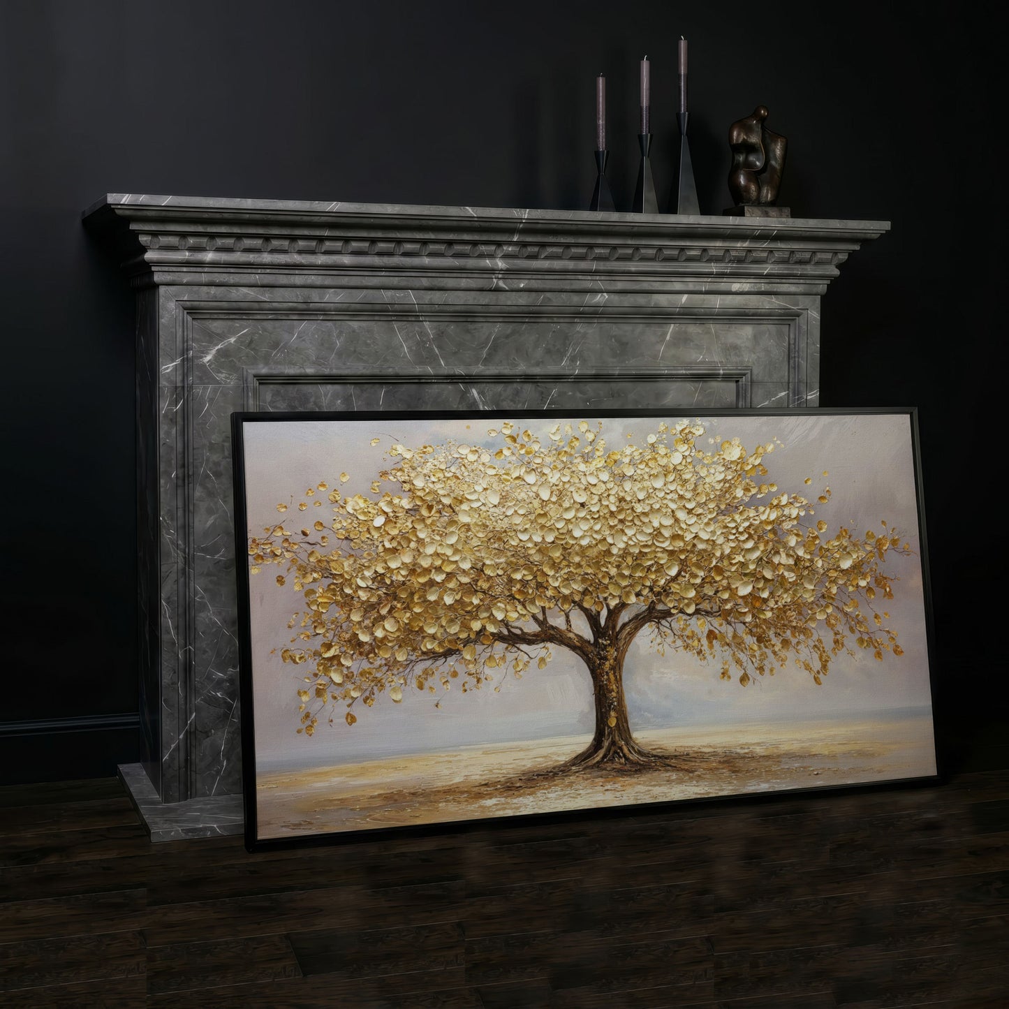 Golden Leaves Tree Canvas in black floating frame