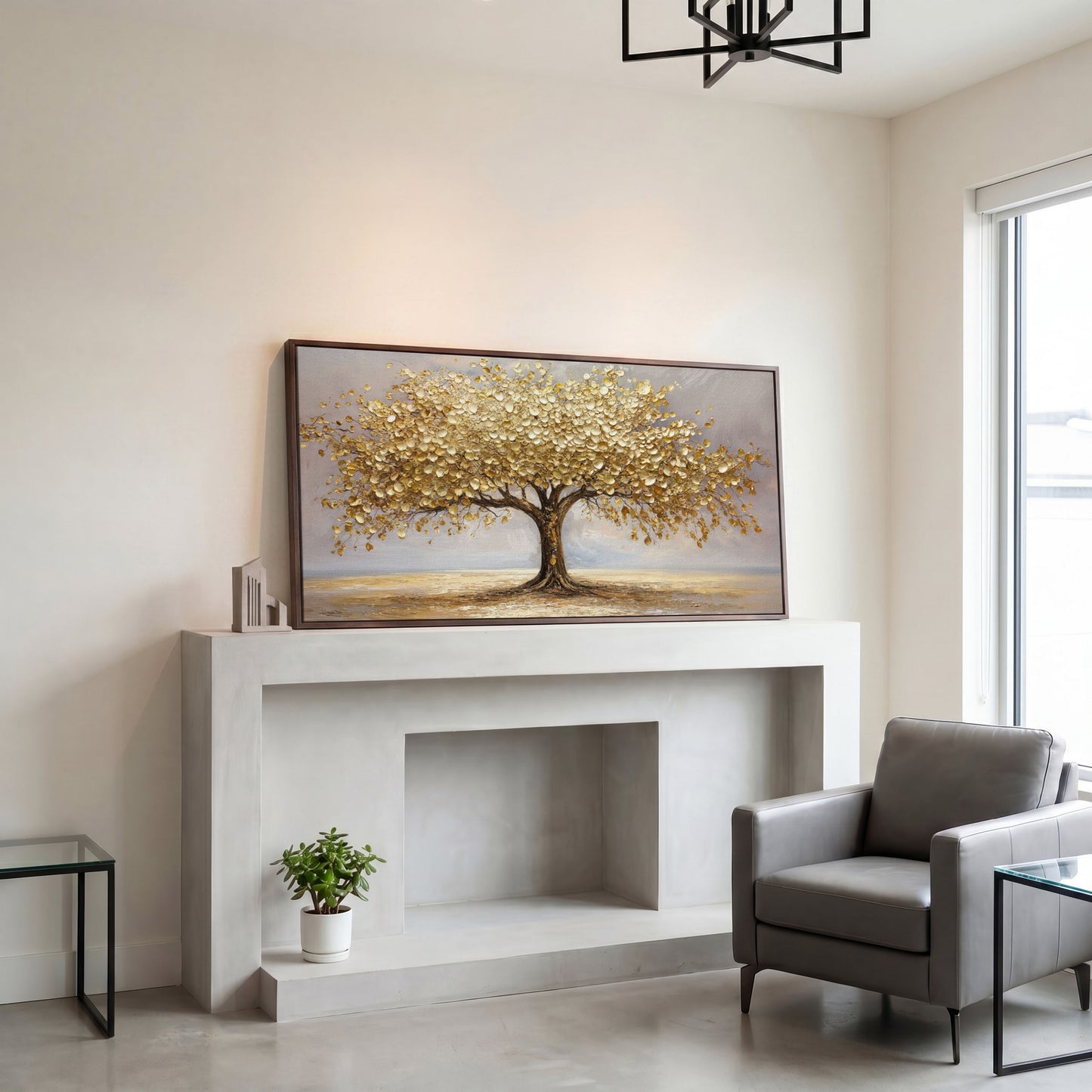 Golden Leaves Tree Canvas in dark walnut floating frame