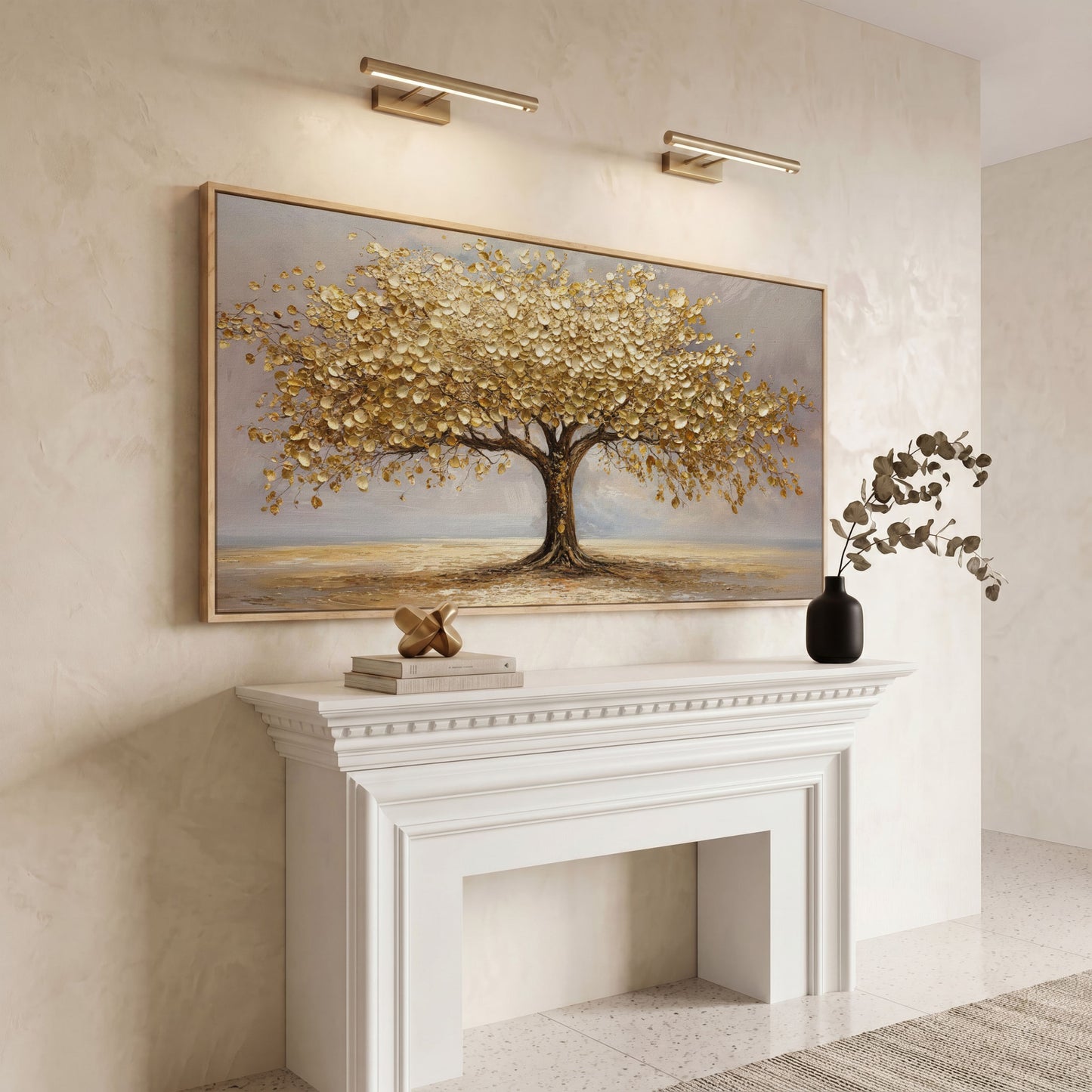 Golden Leaves Tree Canvas in white oak floating frame