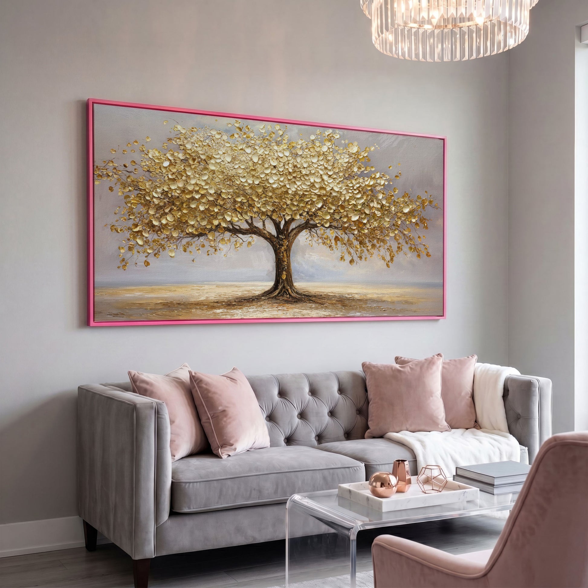 Golden Leaves Tree Canvas in pink floating frame