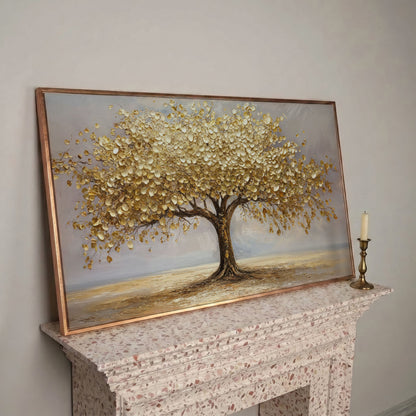Golden Leaves Tree Canvas in rose gold floating frame