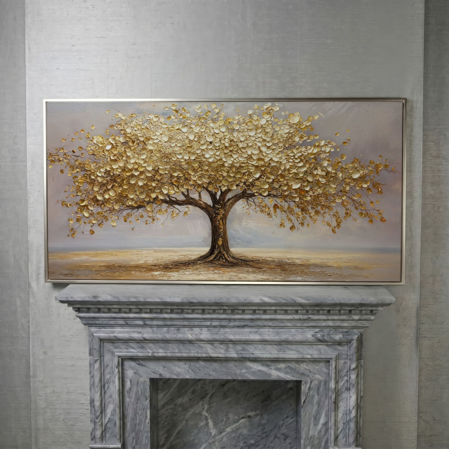 Golden Leaves Tree Canvas in silver floating frame