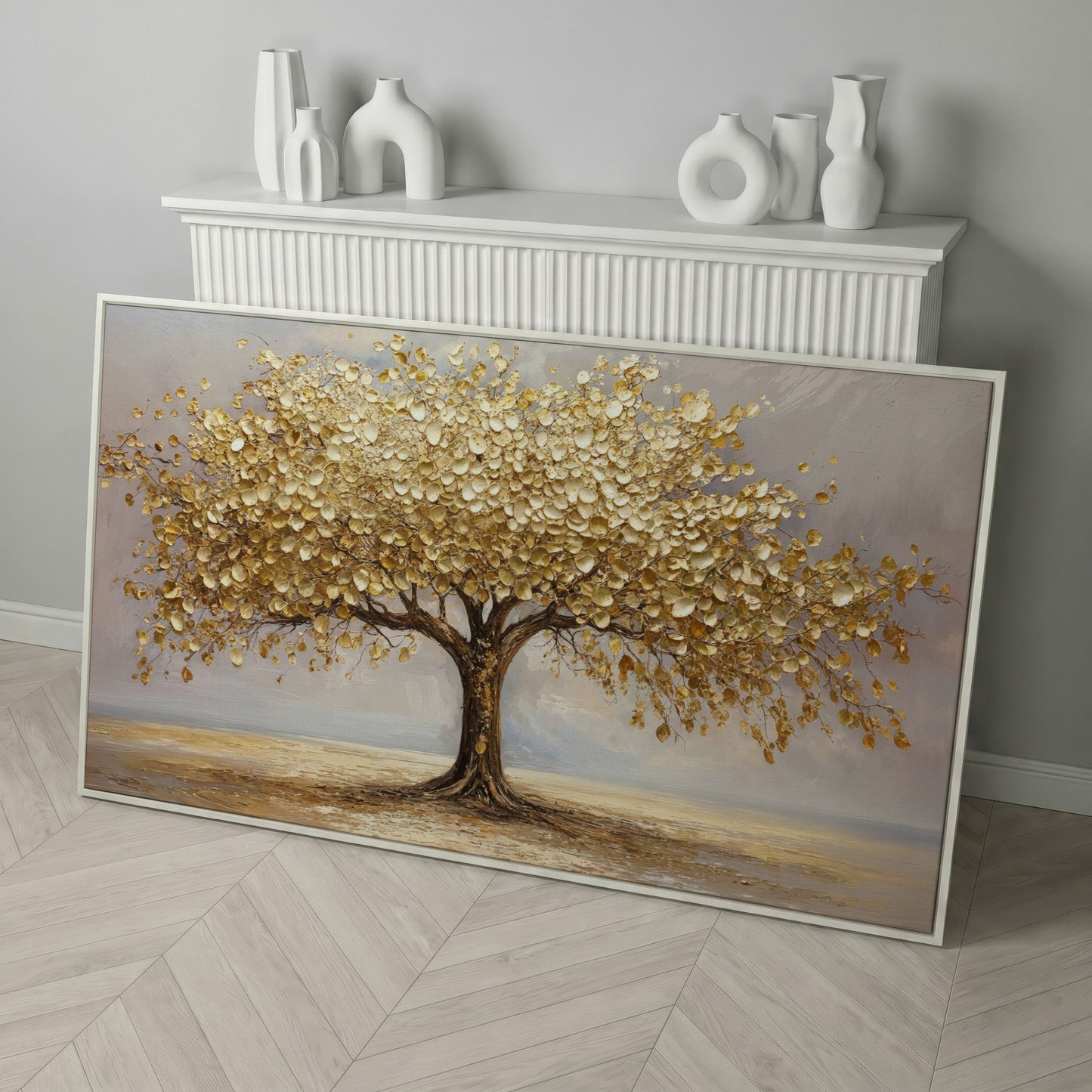 Golden Leaves Tree Canvas in white floating frame