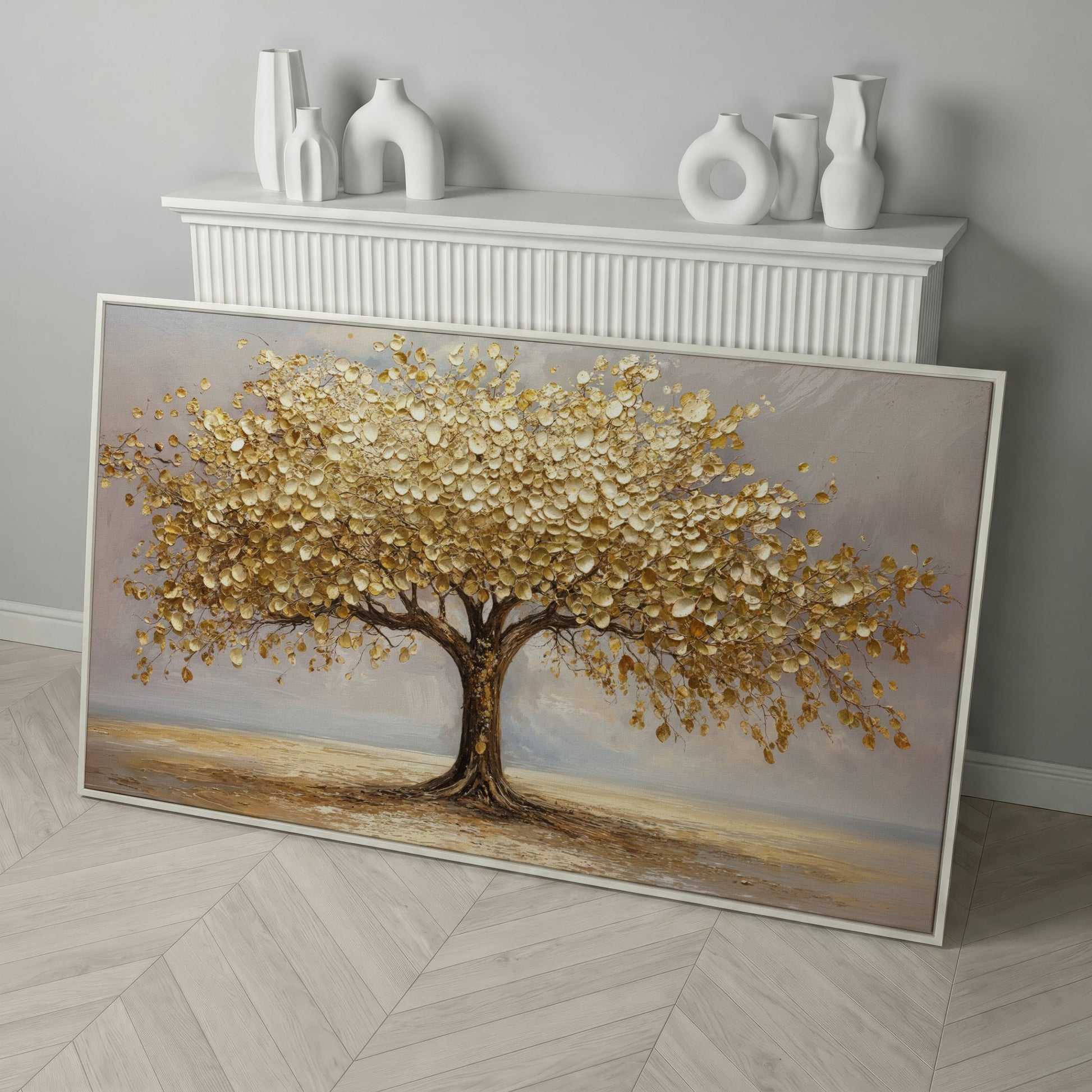 Golden Leaves Tree Canvas in white floating frame