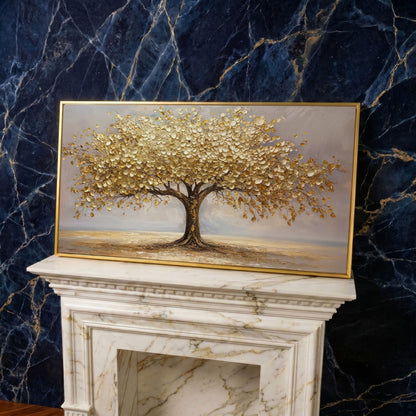 Golden Leaves Tree Canvas in yellow gold floating frame
