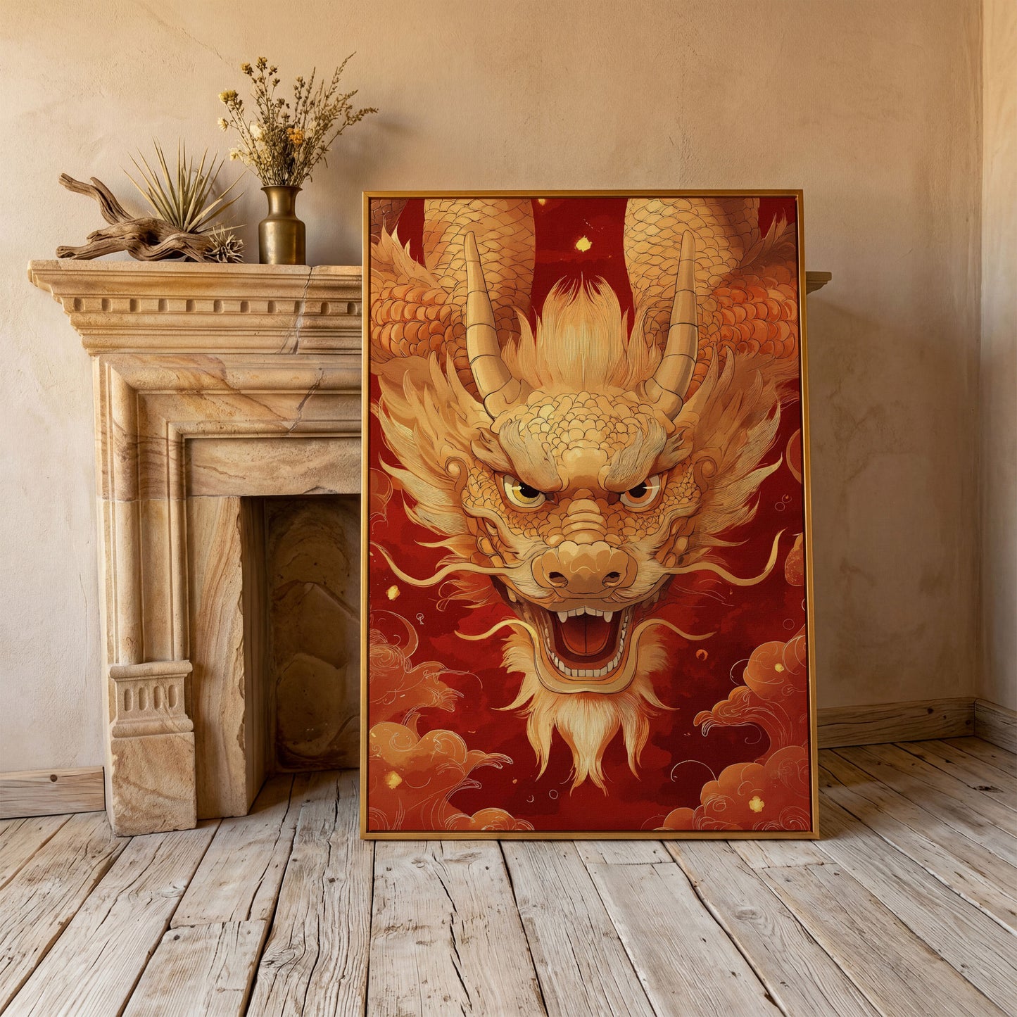 Gold and Red Chinese Dragon Head Canvas in antique gold floating frame