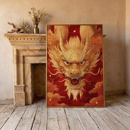 Gold and Red Chinese Dragon Head Canvas in antique gold floating frame