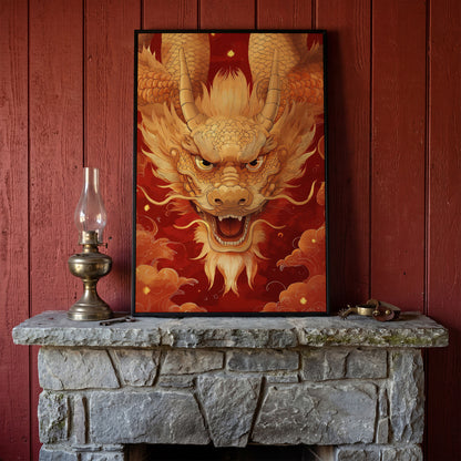 Gold and Red Chinese Dragon Head Canvas in black floating frame