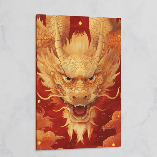 Gold and Red Chinese Dragon Head Canvas on gallery wrap