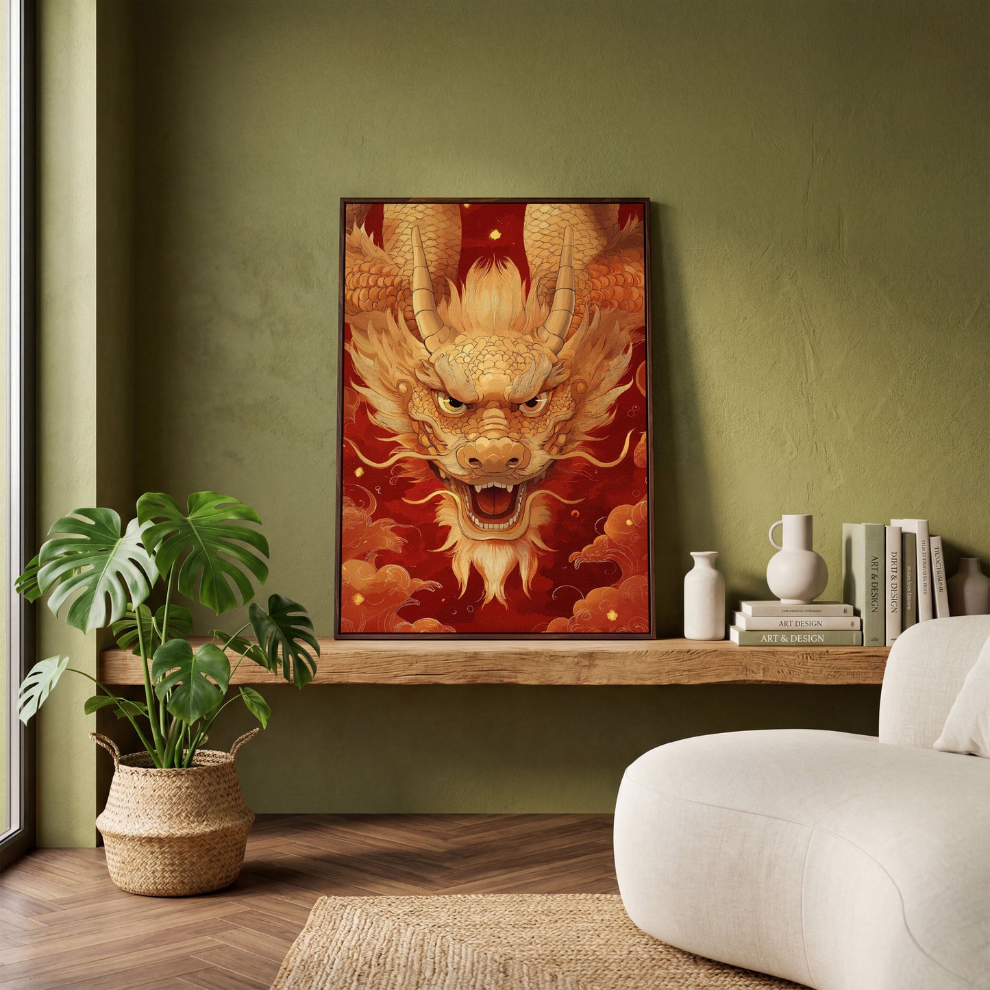 Gold and Red Chinese Dragon Head Canvas in dark walnut floating frame