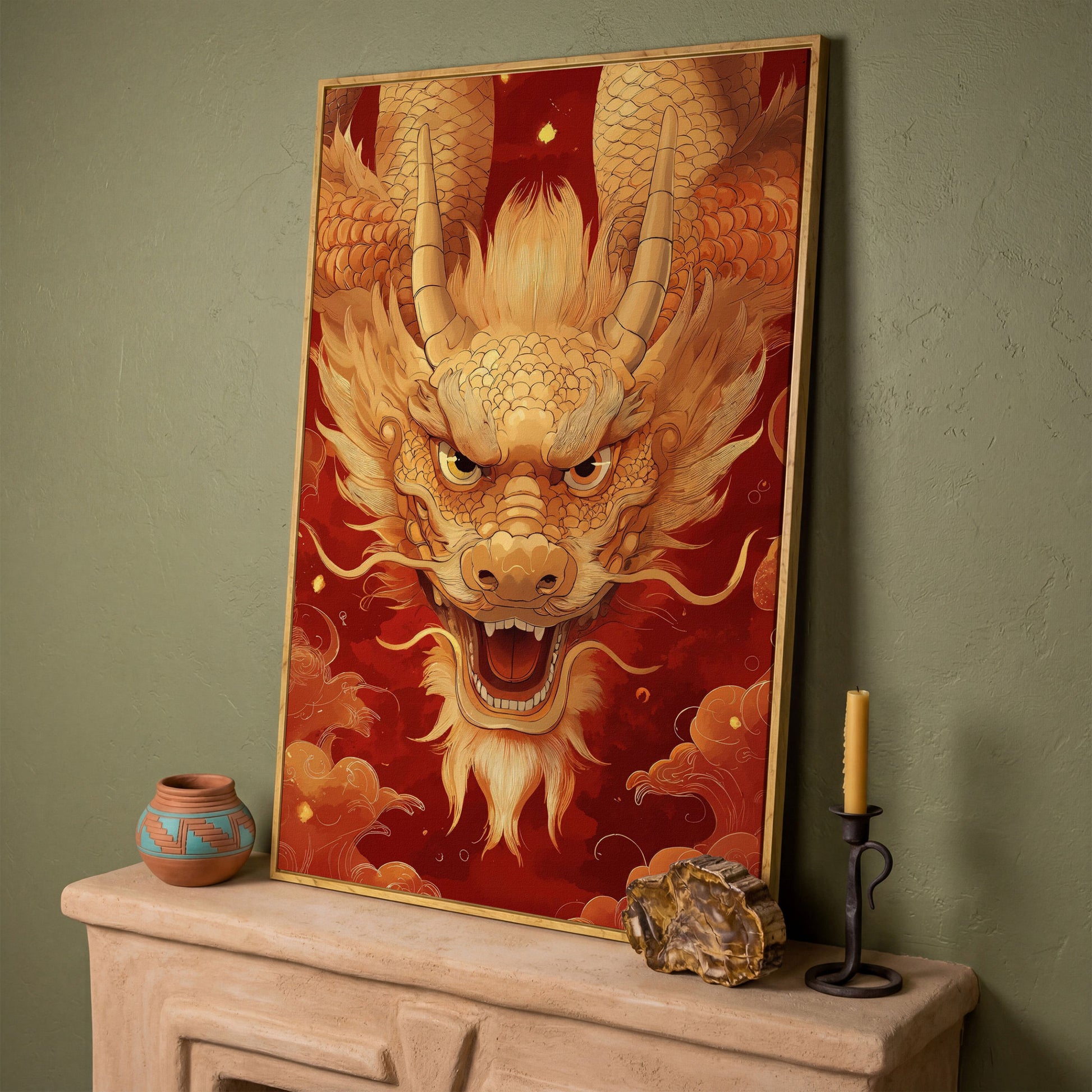 Gold and Red Chinese Dragon Head Canvas in white oak floating frame