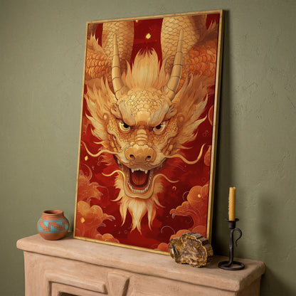 Gold and Red Chinese Dragon Head Canvas in white oak floating frame