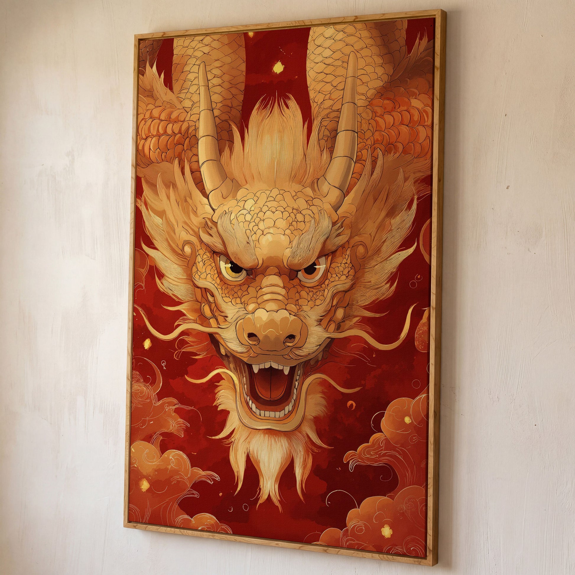 Gold and Red Chinese Dragon Head Canvas shown in white oak floating frame
