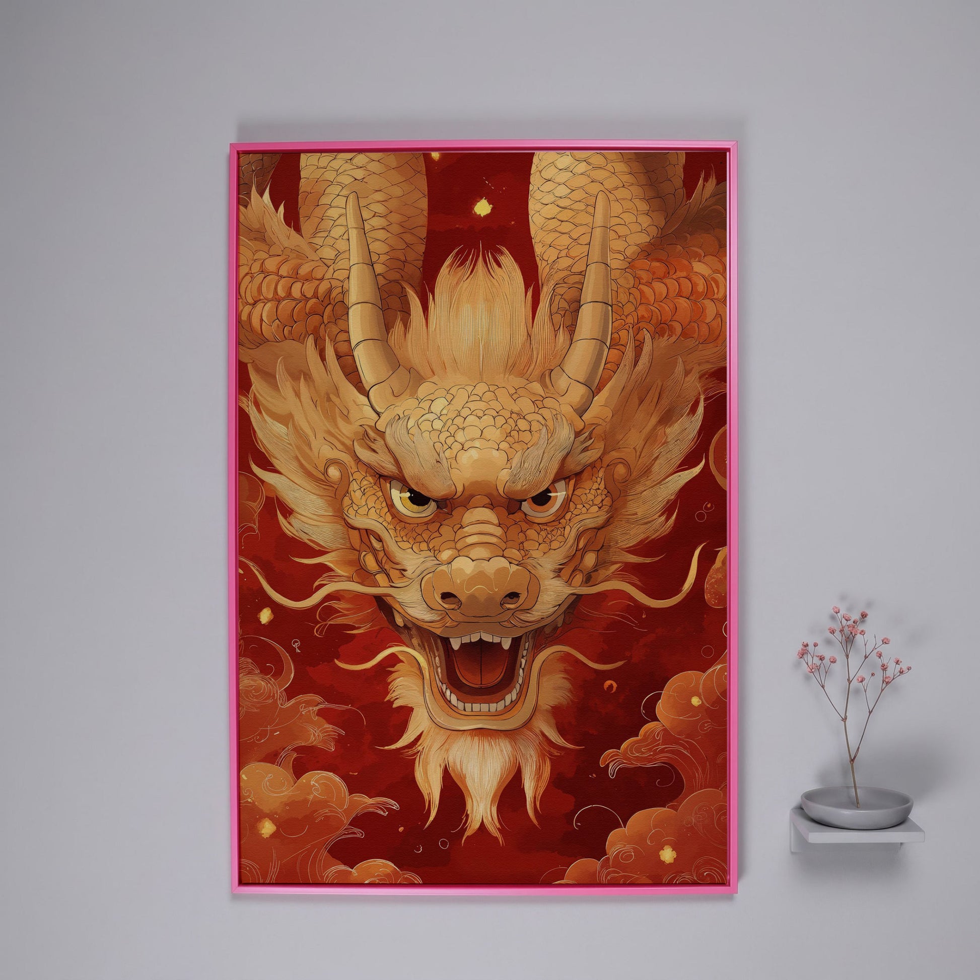 Gold and Red Chinese Dragon Head Canvas in pink floating frame